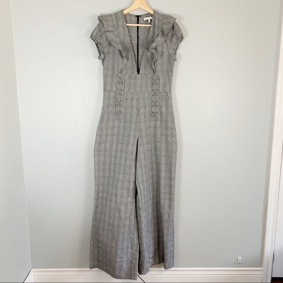 ASOS Current Air Check Plaid Jumpsuit Pants Short Sleeve Ruffle Deep V Neck M - Picture 4 of 16
